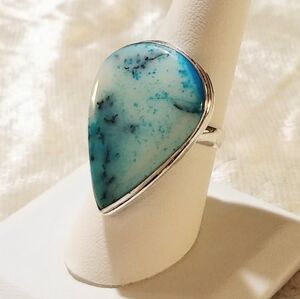 NWOT Natural Marine Blue Dendritic Opal Ring .925 Sterling Silver Overlay